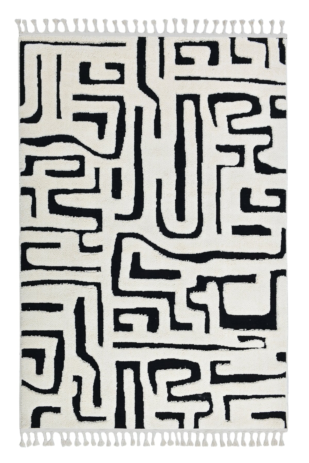 Madu Abstract Maze Geometric Powerloom Rugs - Contemporary White & Black