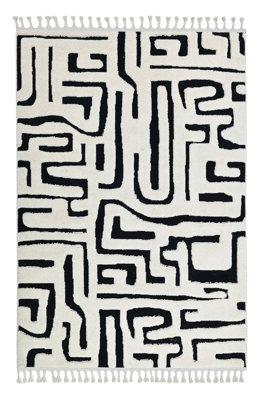 Madu Abstract Maze Geometric Powerloom Rugs - Contemporary White & Black