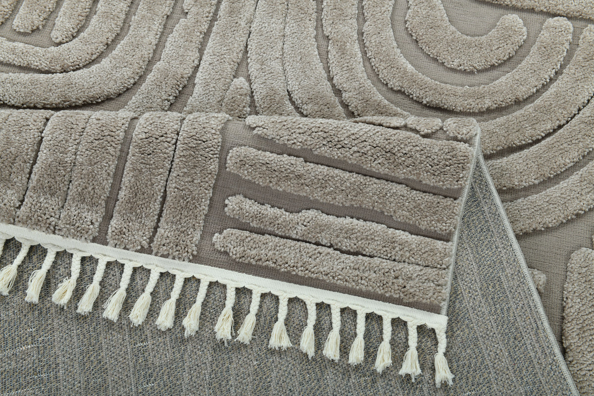 Madu Moroccan Grey & Beige Powerloom Abstract Curved Geometric Rugs
