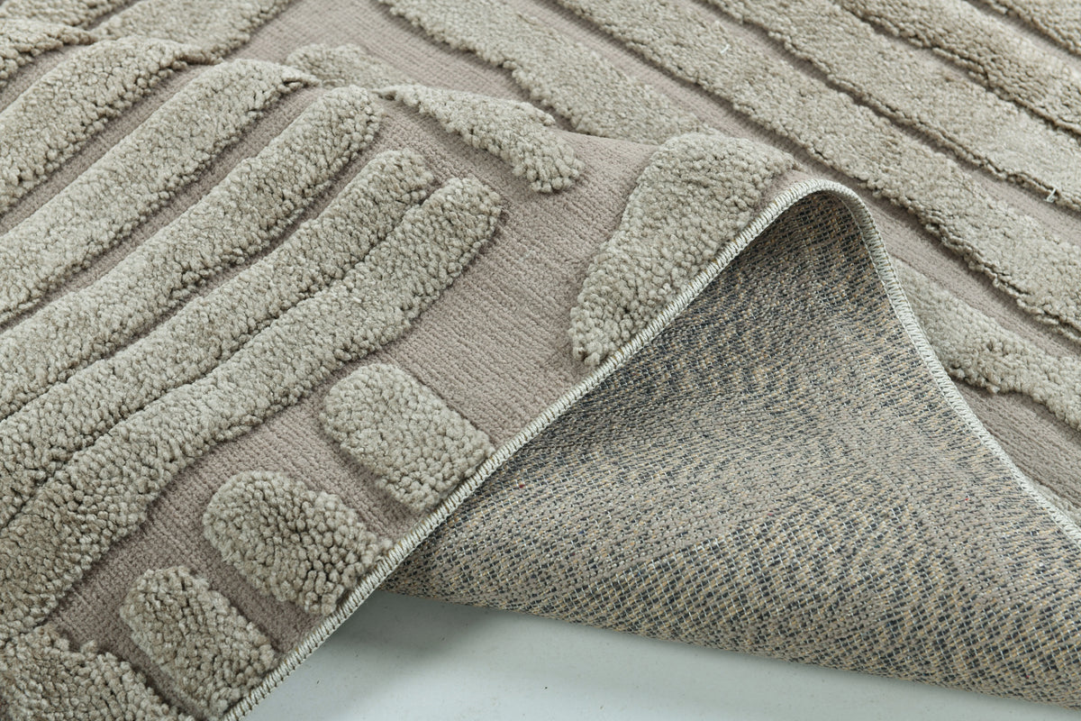 Madu Moroccan Grey & Beige Powerloom Abstract Curved Geometric Rugs