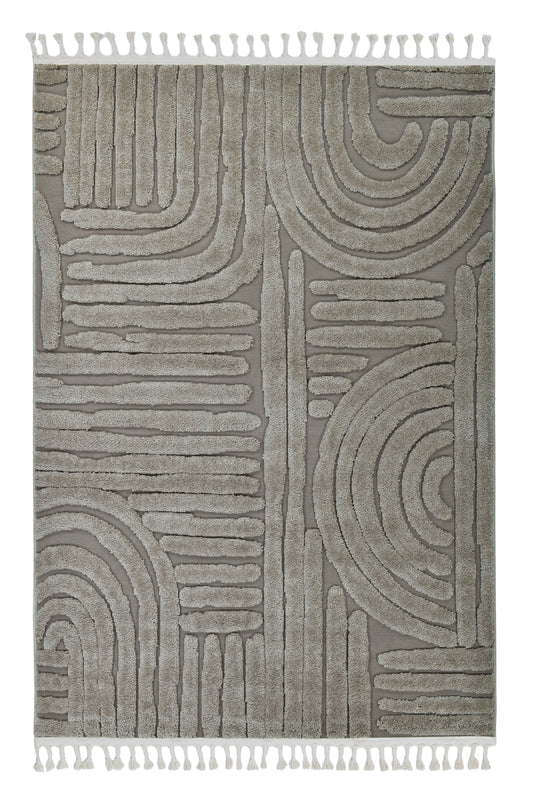 Madu Moroccan Grey & Beige Powerloom Abstract Curved Geometric Rugs