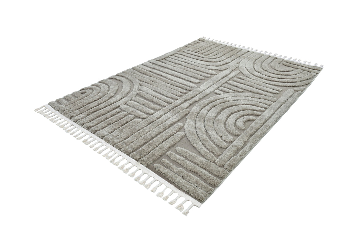 Madu Moroccan Grey & Beige Powerloom Abstract Curved Geometric Rugs
