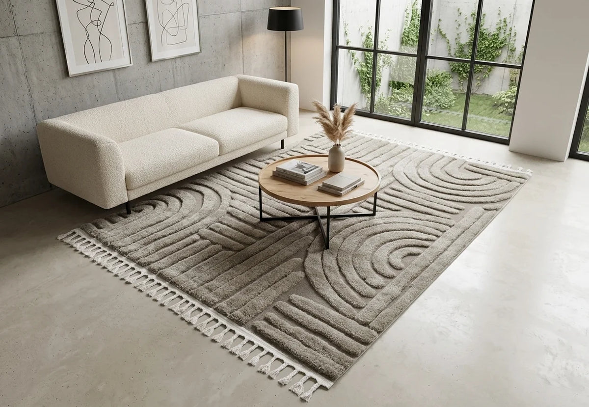 Madu Moroccan Grey & Beige Powerloom Abstract Curved Geometric Rugs