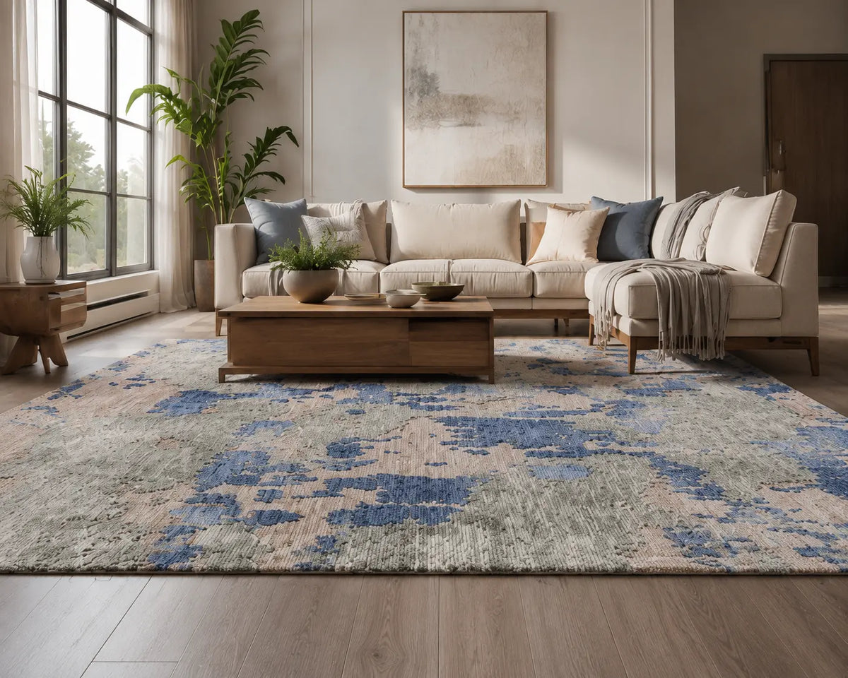 Modern High Low Denim Olive Rugs | Abstract Design