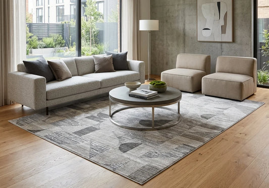 Modern Grey Sound Powerloom Area Rug - Geometric Design