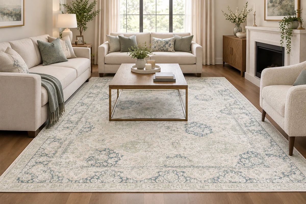 Traditional Distressed Floral Rug in Ivory Vintage inspired design