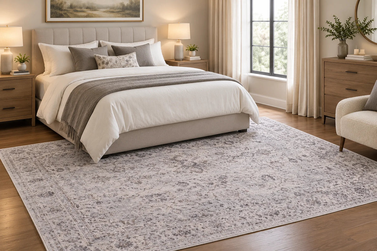Traditional Vintage Floral Rug - Natural Beige & Ivory Distressed Design