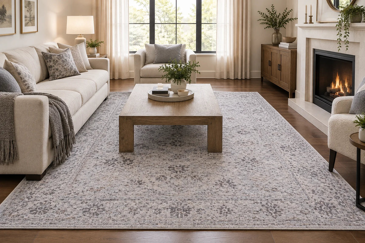 Traditional Vintage Floral Rug - Natural Beige & Ivory Distressed Design